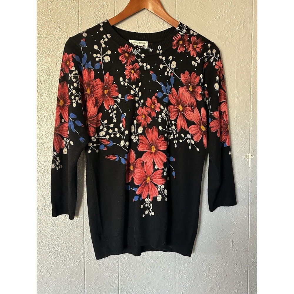 Cathy Daniels Size M Floral Rhinestone 3/4 Sleeve Cardigan Multicolor Artsy